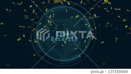 Showing interface with shield, rings on navy backdrop, floating gold confetti and Cyber Security 135580809