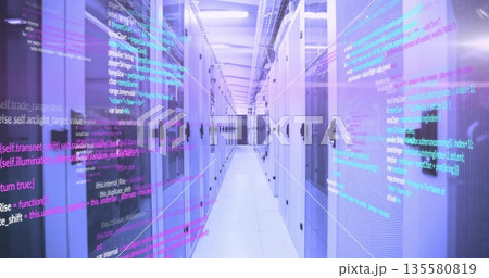 Extending data center corridor showing flooring and cable trays, with server cabinets code overlays Extending data center corridor showing flooring and cable trays, with server cabinets code overlays 135580819
