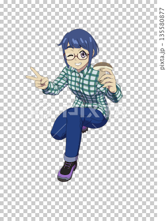 一個戴眼鏡的女孩手裡拿著一朵野菇,比出V字手勢。 一個戴眼鏡的女孩手裡拿著一朵野菇,比出V字手勢。 135580877