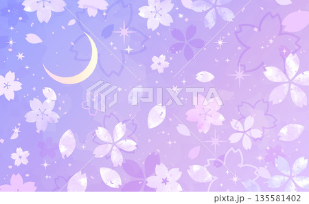 夜桜と三日月と星空の手描き風背景_横 135581402