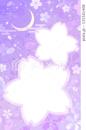 夜桜の手描き風背景とシルエットフレーム_縦 135581406