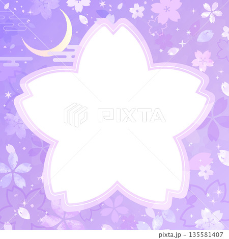 夜桜の手描き風背景とシルエットフレーム_正方形 135581407