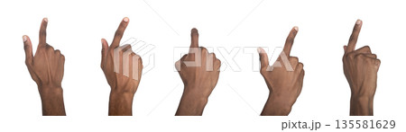 Finger pointing up and forward in selecting gesture. Black skin male using forefinger to indicate Finger pointing up and forward in selecting gesture. Black skin male using forefinger to indicate 135581629