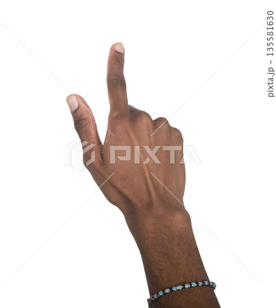 Finger touching and clicking in outstretched pose. Black skin male making tap or press gesture for 135581630