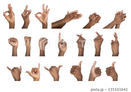 Hand gesture collection with thumb up, fist, and shaka signs. Black skin male making positive and Hand gesture collection with thumb up, fist, and shaka signs. Black skin male making positive and 135581642