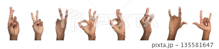 Hand gesture set with crossed fingers, peace sign, and victory pose. Black skin male making diverse Hand gesture set with crossed fingers, peace sign, and victory pose. Black skin male making diverse 135581647