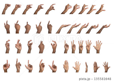 Hand gesture set with fingers pointing, counting, and touching. Black skin male making various Hand gesture set with fingers pointing, counting, and touching. Black skin male making various 135581648