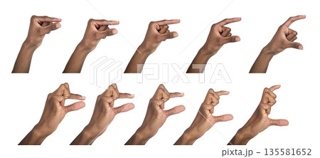 Hand hold gesture with thumb and index finger showing small and large sizes. Black skin male making Hand hold gesture with thumb and index finger showing small and large sizes. Black skin male making 135581652