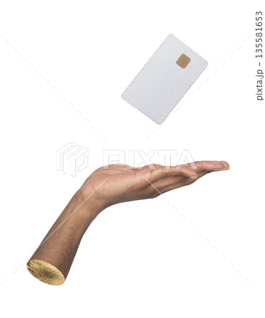 Hand holding credit card in levitation. Black skin palm and fingers near flying plastic bank card Hand holding credit card in levitation. Black skin palm and fingers near flying plastic bank card 135581653