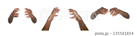 Hand holding invisible object between fingers in grasp gesture. Black skin male using both hands in Hand holding invisible object between fingers in grasp gesture. Black skin male using both hands in 135581654