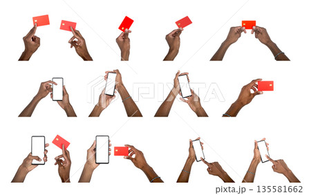 Hand holding smartphone and credit card in finance concept. Black skin male showing digital payment Hand holding smartphone and credit card in finance concept. Black skin male showing digital payment 135581662