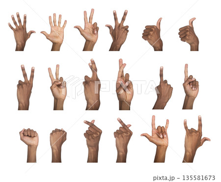 Hand sign collection with peace, thumbs up, heart, and fist poses. Black skin male making diverse Hand sign collection with peace, thumbs up, heart, and fist poses. Black skin male making diverse 135581673