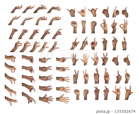 Hand sign set with counting, heart, shaka, and fist poses. Black skin male making various expressive Hand sign set with counting, heart, shaka, and fist poses. Black skin male making various expressive 135581674