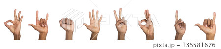 Hand sign set with ok, peace, rock, and shaka gestures. Black skin male making expressive signals Hand sign set with ok, peace, rock, and shaka gestures. Black skin male making expressive signals 135581676