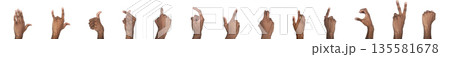 Hand sign set with thumb up, heart, and rock gestures. Black skin male making expressive finger Hand sign set with thumb up, heart, and rock gestures. Black skin male making expressive finger 135581678