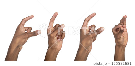 Hand sign with raised thumb and index in outstretched holding pose. Black skin male making 135581681
