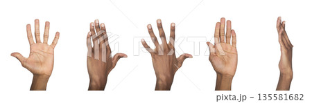 Hand up with open palm and fingers spread in hi or stop sign. Black skin male making raised gesture 135581682