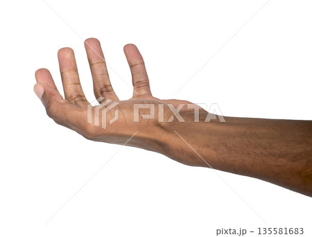 Hand with cupped palm and curved fingers in open pose. Black skin male reaching out as if holding or 135581683
