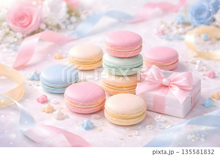 パステルカラーのマカロンとリボンギフト　ホワイトデーイメージ 135581832