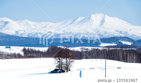 冬の北海道美瑛町周辺から見た旭岳と大雪山系 135581987