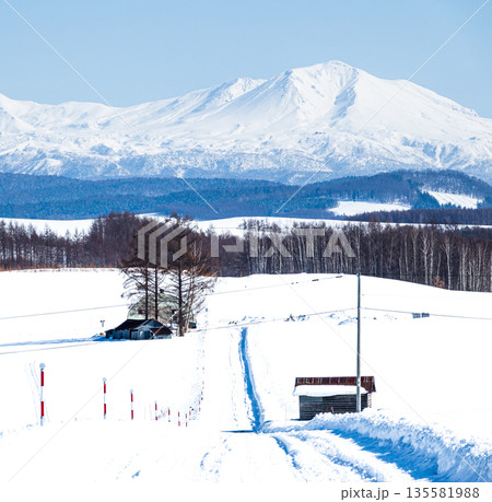 冬の北海道美瑛町周辺から見た旭岳と大雪山系 135581988