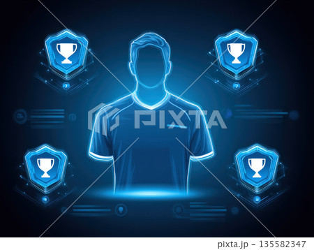 Digital athlete avatar with glowing blue outline, surrounded by trophy icons and futuristic interface, symbolizing achievement and competition Digital athlete avatar with glowing blue outline, surrounded by trophy icons and futuristic interface, symbolizing achievement and competition 135582347