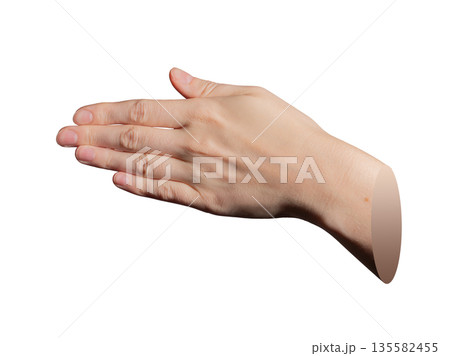 Female hand in a horizontal position with fingers extended together, palm facing sideways, 135582455