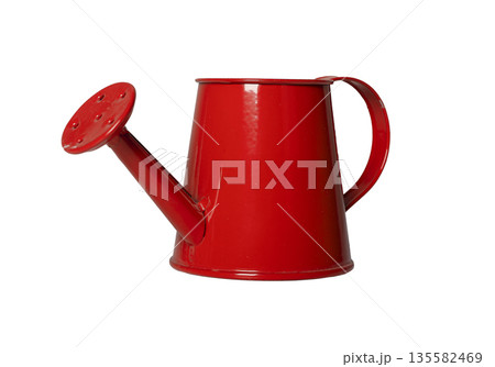 Red watering can with handle and nozzle. Small gardening item used for irrigation, spraying, or Red watering can with handle and nozzle. Small gardening item used for irrigation, spraying, or 135582469