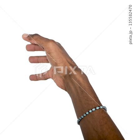 Right hand reaching out with open fingers in outstretched pose. Black skin male wearing bracelet Right hand reaching out with open fingers in outstretched pose. Black skin male wearing bracelet 135582470