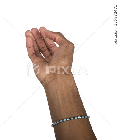 Right hand with cupped palm raised in front position. Black skin male wearing bracelet making Right hand with cupped palm raised in front position. Black skin male wearing bracelet making 135582471
