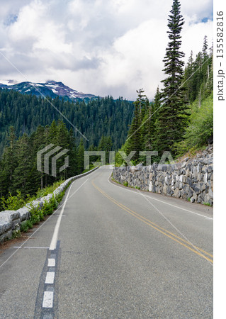 Landscape of mountain and road. Travel destination. Landscape route to North Cascades National Park. Scenic nature. North Cascades nation park. Road with mountain landscape. Traveling by car 135582816