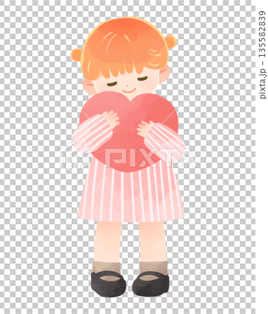 Smiling child hugging a heart, girl, no main lines 135582839