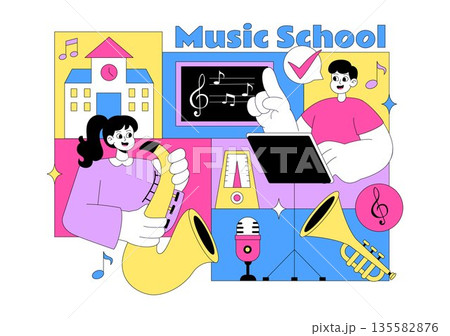 Music School Illustration Featuring Various Musical Instruments, Music Education Learning, And Performance Activities by Musicians and Singers 135582876