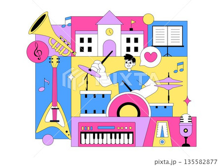 Music School Illustration Featuring Various Musical Instruments, Music Education Learning, And Performance Activities by Musicians and Singers 135582877