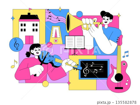 Music School Illustration Featuring Various Musical Instruments, Music Education Learning, And Performance Activities by Musicians and Singers Music School Illustration Featuring Various Musical Instruments, Music Education Learning, And Performance Activities by Musicians and Singers 135582878