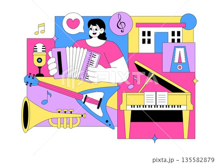 Music School Illustration Featuring Various Musical Instruments, Music Education Learning, And Performance Activities by Musicians and Singers 135582879