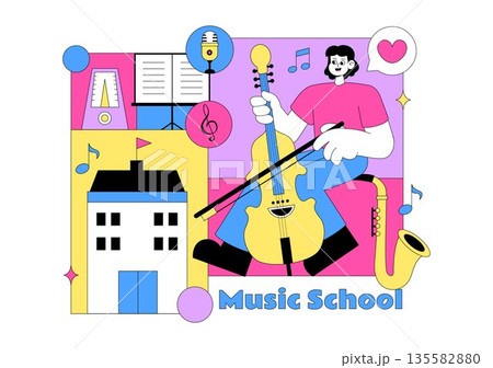 Music School Illustration Featuring Various Musical Instruments, Music Education Learning, And Performance Activities by Musicians and Singers 135582880