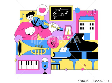 Music School Illustration Featuring Various Musical Instruments, Music Education Learning, And Performance Activities by Musicians and Singers Music School Illustration Featuring Various Musical Instruments, Music Education Learning, And Performance Activities by Musicians and Singers 135582883