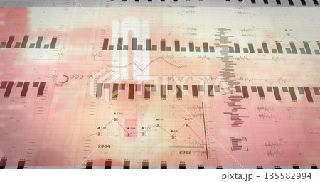 Displaying dashboard showing bar charts, line graphs, waveform plots on screen, pink-orange overlay Displaying dashboard showing bar charts, line graphs, waveform plots on screen, pink-orange overlay 135582994