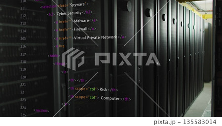 Displaying tall black server cabinets lining data center corridor, with floating HTML code overlay Displaying tall black server cabinets lining data center corridor, with floating HTML code overlay 135583014