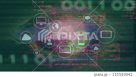 Floating fingerprint and security device icons forming data mesh over dual-tone code background Floating fingerprint and security device icons forming data mesh over dual-tone code background 135583042