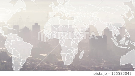 Displaying white world map outline spanning urban skyline under hazy smog with shipping cranes 135583045