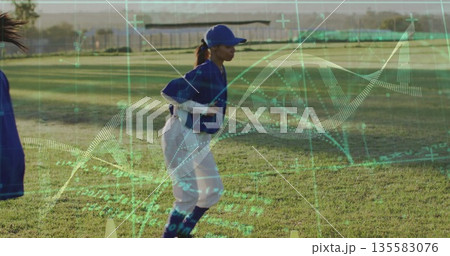 Running athlete in blue uniform navigating yellow cones on grass, with DNA helix, data grid overlay 135583076