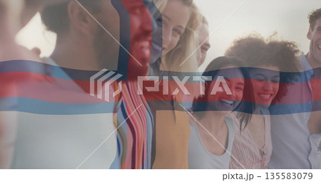 Standing eight friends wearing summer clothes draping arms over shoulders outdoors, cross overlay 135583079