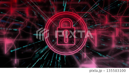 Floating neon pink padlock icon glowing rings in virtual network, with red grid and teal streams Floating neon pink padlock icon glowing rings in virtual network, with red grid and teal streams 135583100