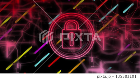 Glowing neon padlock icon pulsing inside circular rings in cybernetic network, showcasing security 135583101