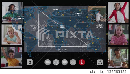 Displaying digital whiteboard showing world map with network nodes, algebra notes in virtual class Displaying digital whiteboard showing world map with network nodes, algebra notes in virtual class 135583121