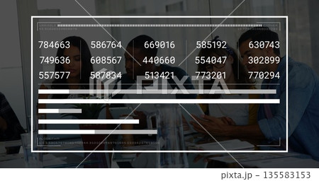 Collaborating five professionals analyzing data in corporate meeting room, with smartphones, tablet 135583153