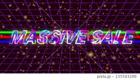 Shining neon text MASSIVE SALE glowing on purple grid floor, with RGB stripes and golden particles 135583200