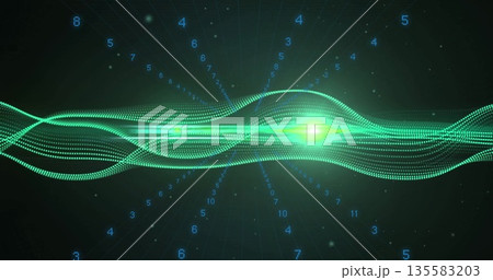 Flowing green waveform undulating on dark grid matrix with neon-green glow points and blue digits Flowing green waveform undulating on dark grid matrix with neon-green glow points and blue digits 135583203